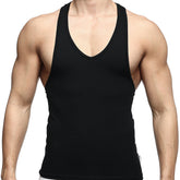 Black sleeveless MetroMaleWear logo tank top with deep v-neckline and ribbed trim along neckline and armholes