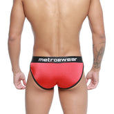MetroMaleWear active brief red metallic with black trim and metrowear logo on waistband in a sleek design