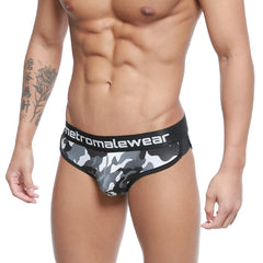 Black and gray camouflage men’s briefs with black elastic waistband branded metromalewear metro male wear active brief camo 3303-60