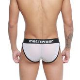 MetroMaleWear active brief white mesh with black trim and waistband featuring metrwear logo in white lettering
