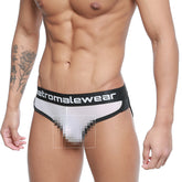 Black and white mens active briefs in white mesh with etromalewear branded waistband metroMalewear 3303-71
