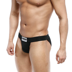 Black athletic briefs metro malewear deseo bikini 3304-20 with white mann label and text on front