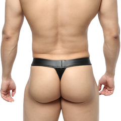 MetroMaleWear Deseo thong metal black 3312-30 black leather thong with glossy finish and narrow waistband front view