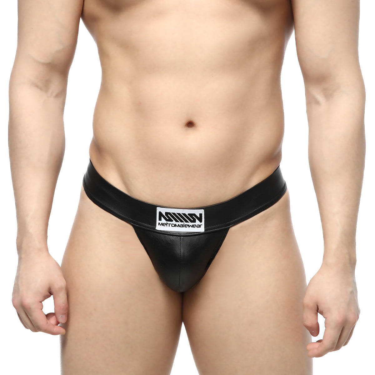 Black leather-like MetroMaleWear Deseo thong metal black 3312-30 with white rectangular logo patch on waistband