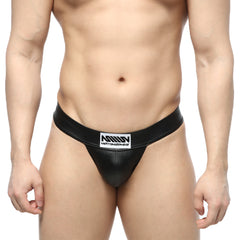 Black leather-like MetroMaleWear Deseo thong metal black 3312-30 with white rectangular logo patch on waistband