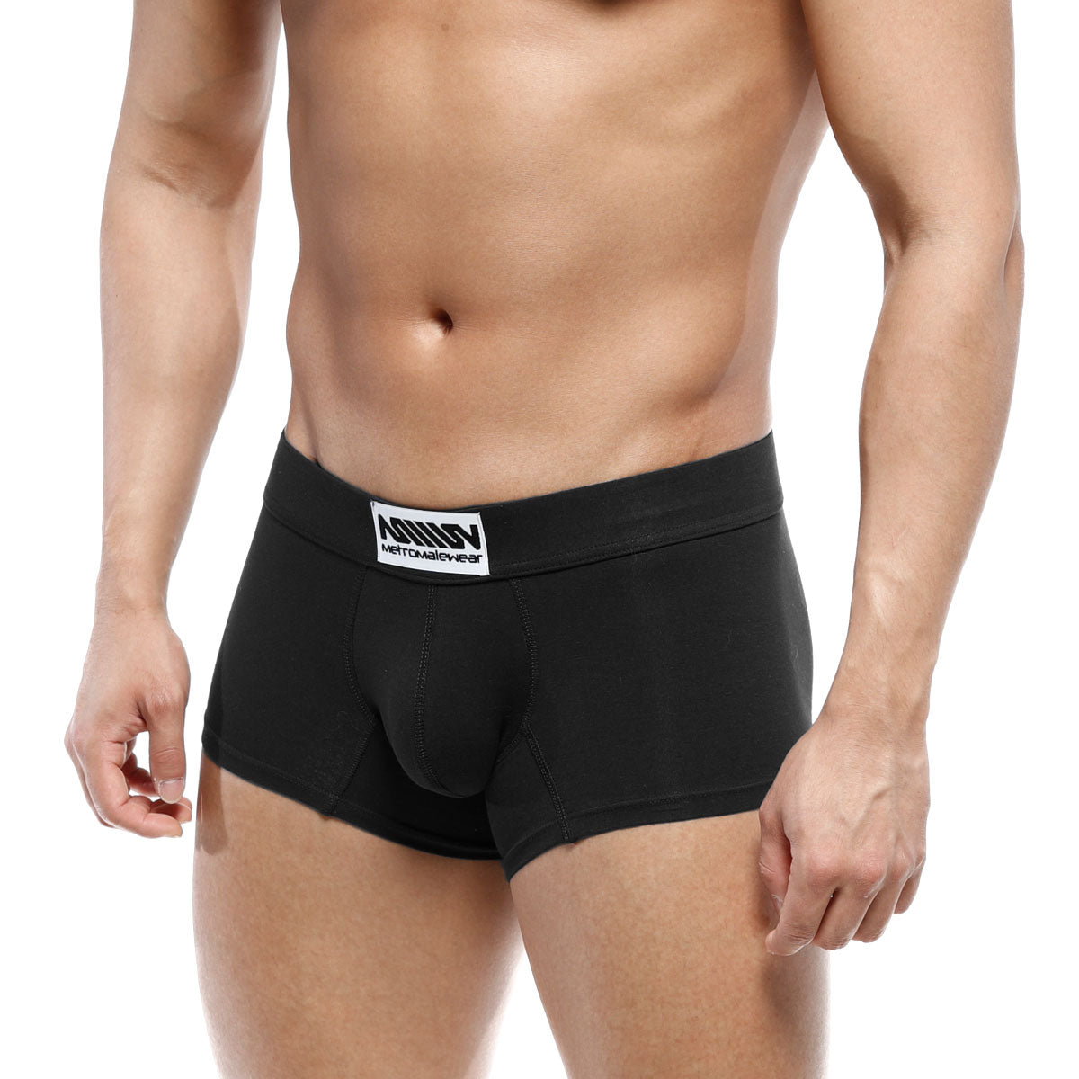 Black men’s boxer briefs metroMalewear deseo boxer black 3323-20 with white merton & glewer label on waistband