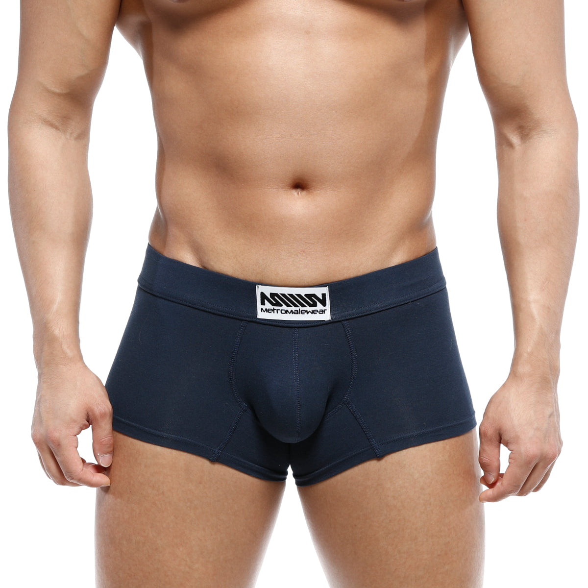 Navy blue metro malewear deseo boxer briefs with white label featuring brand name and logo in cotton blend fabric