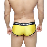 Bright yellow metallic MetroMaleWear active boxer briefs with black elastic waistband and metronewear branding