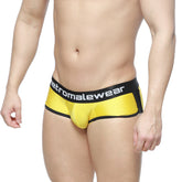 Bright yellow metroMalewear active boxer briefs with black trim and waistband featuring the logo in white lettering