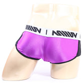 Purple satin briefs with black trim and a white waistband with bold black lettering metro male wear active boxer 3327 19