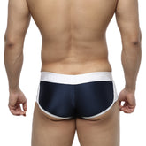Navy blue and white metroMalewear active boxer briefs with sleek form-fitting design for athletic use