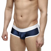 Navy blue satin active boxer briefs with white elastic waistband and trim from MetroMaleWear model 3327-28