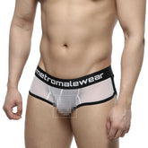 Black and transparent mesh briefs with metromalewear branding on the waistband from metro malewear active boxer white mesh 3327-71