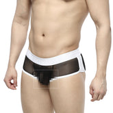 Black mesh briefs with white elastic waistband and trim metroMalewear active boxer 3327-72 front view