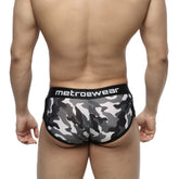 MetroMaleWear active boxer camo grey briefs with black and gray camouflage pattern and black waistband with metroewear logo