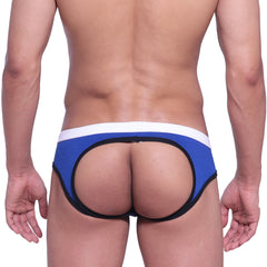 Metro male wear bare lowrise jock strap in blue and white thong style with black trim visible from the back side