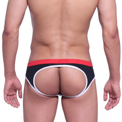 Back side of metromalewear bare lowrise jock strap black 3401-20 athletic briefs with oval cutout in black red and white