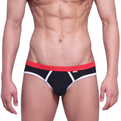Black briefs with red waistband and white trim featuring subtle logo on side metro male wear bare lowrise jock strap