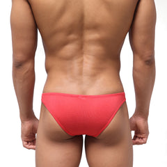 Bright coral-red seamless textured briefs metroMaleWear bosillo half back bikini showing the back side