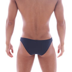 Navy blue metro male wear bosillo half back bikini briefs with smooth form fitting design shown from the back side