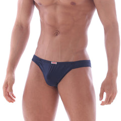 Navy blue cotton metro male wear bosillo half back bikini briefs with a red and white brand tag at the waistband