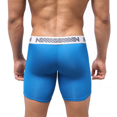 Blue men’s boxer briefs metroMaleWear bosillo bold long boxer royal blue with white elastic waistband and gray stripes