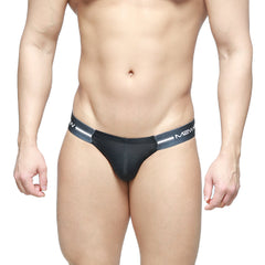 MetroMaleWear brief 2.0 black thong with sleek form fitting design and contrasting white logo stripes on waistband