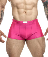 Vibrant pink shiny fabric briefs with justin simon label at waistband from justin and simon classic boxer collection