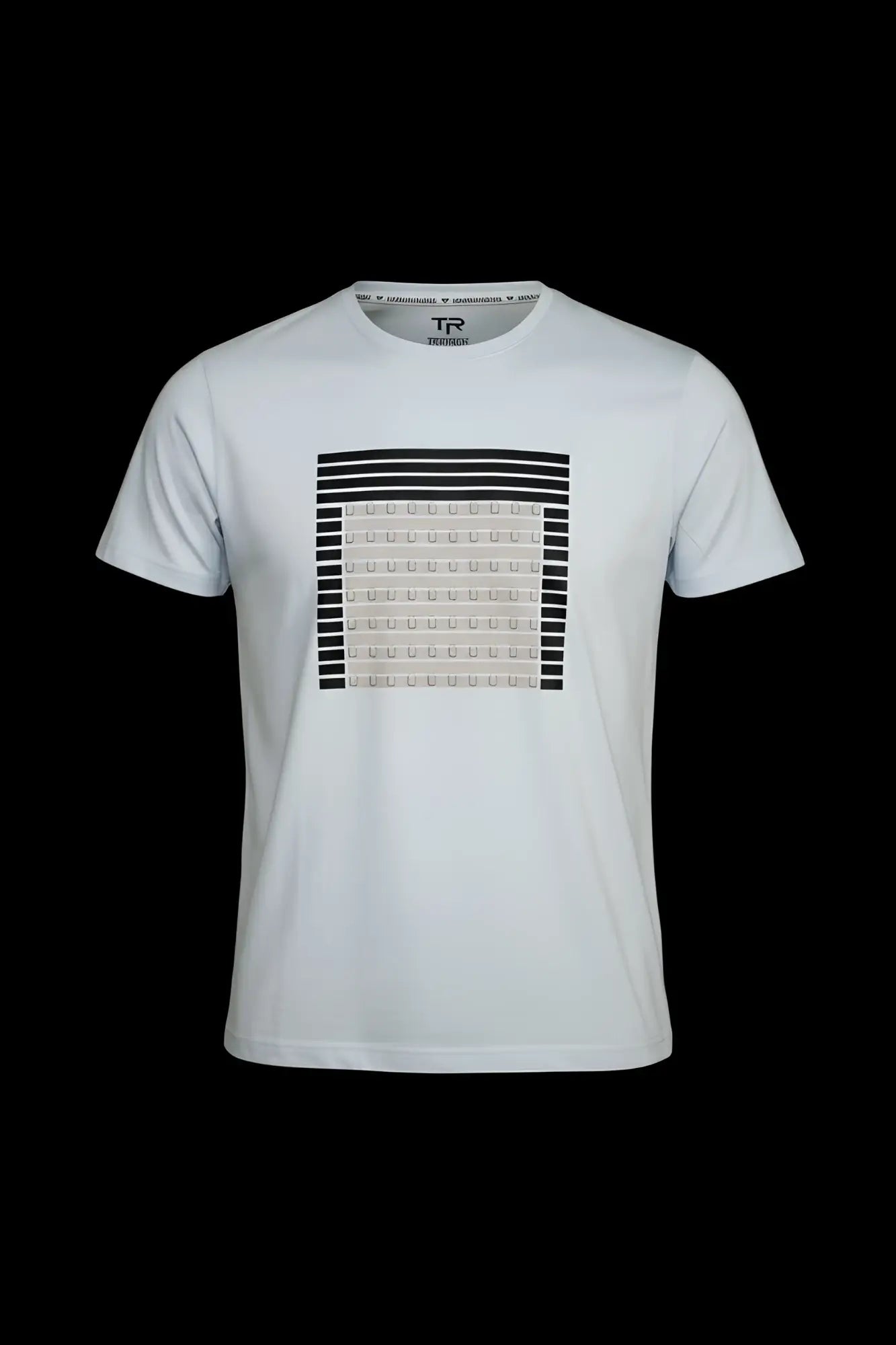 White cotton 3d abstract t-shirt with bold black and beige geometric pattern centered on the chest
