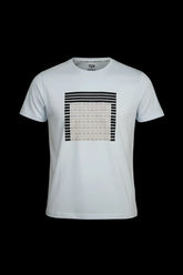 White cotton 3d abstract t-shirt with bold black and beige geometric pattern centered on the chest