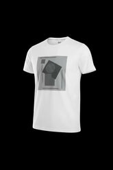White cotton 3d abstract t-shirt with a geometric gray graphic print on the front