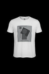 White short-sleeved 3d abstract t-shirt with gray geometric graphic print featuring shapes and lines