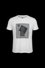 White short-sleeved 3d abstract t-shirt with gray geometric graphic print featuring shapes and lines