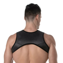 Black mesh back support with a sleek form-fitting design on the 3d zipped pocket harness back side