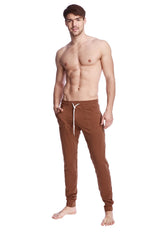 Long cuffed jogger and yoga sweat pants in chocolate brown with white drawstring and side pockets