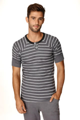 Mens vintage-stripe henley tee in french terry loop charcoal with gray and white stripes and black ribbed collar