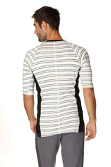 A men’s three-quarter sleeve henley tee with vintage gray stripes black side panels in french terry loop fabric