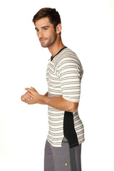 A man wearing a 4-rth mens vintage-stripe henley tee in dark grey double stripe french terry loop
