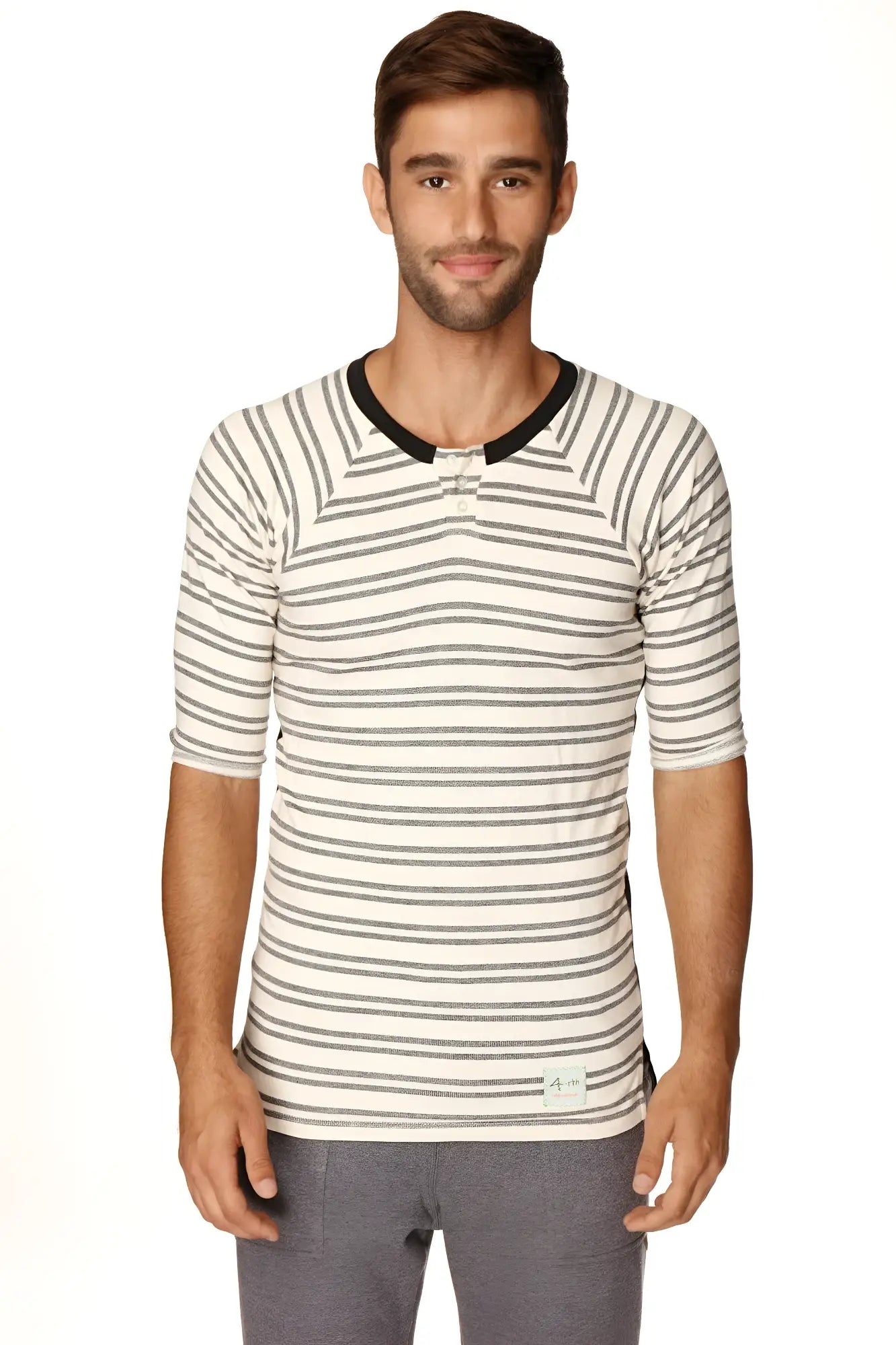 4-rth mens vintage-stripe henley tee in dark grey double stripe french terry loop with black collar and brand tag