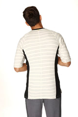 4-rth mens vintage-stripe henley tee in french terry loop with white base, gray stripes, and black side panels