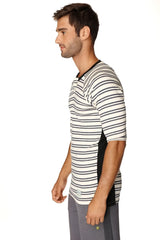 Fourth mens vintage-stripe henley tee navy double stripe short-sleeved french terry loop shirt with henley neckline