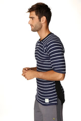 Navy blue and white striped short sleeve henley tee with black side panel in french terry loop fabric by 4-rth