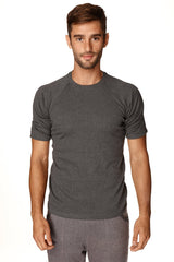 Men’s dark gray heathered hybrid crew neck raglan short-sleeve athletic tee ideal for active wear