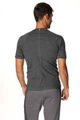 Dark gray heathered short-sleeved hybrid crew neck raglan tee showing back with subtle vertical seam down center