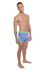 Blue and teal gradient boxer briefs with bright green waistband designed for performance yoga and active wear
