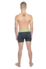 Black athletic boxer briefs with bright green elastic waistband featuring performance yoga leggings short charcoal heather style