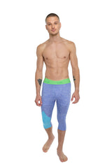 Performance yoga leggings 3/4 with blue and teal gradient capri design and bright green waistband in lavender heather