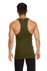 Olive green racer-back yoga tank top in breathable fabric shown from the back for active wear
