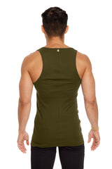 Olive green sustain tank top in army green showing the back with a straight cut and subtle seam detail