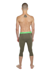 Olive green performance yoga leggings 3/4 length with bright neon green waistband for active wear